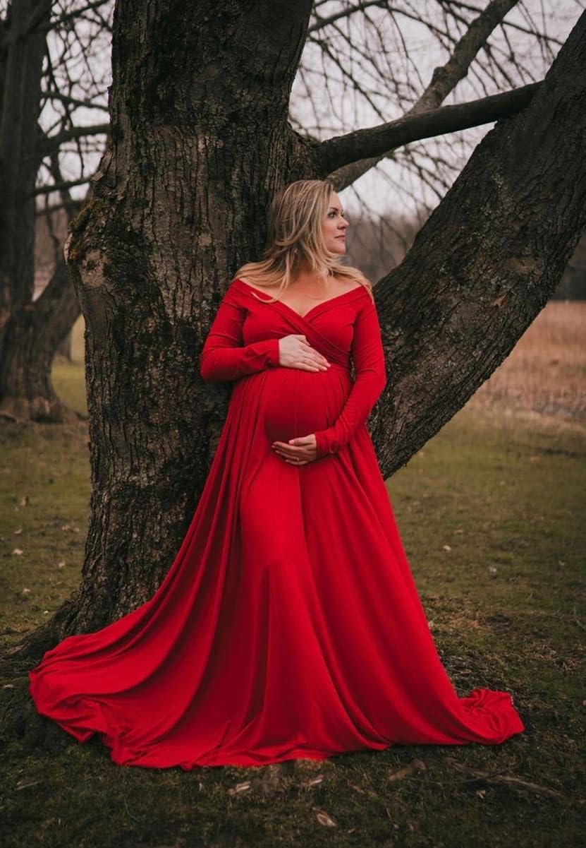 Size L Saslax Maternity Off Shoulders Half Circle Gown for Baby Shower Photo Props Dress